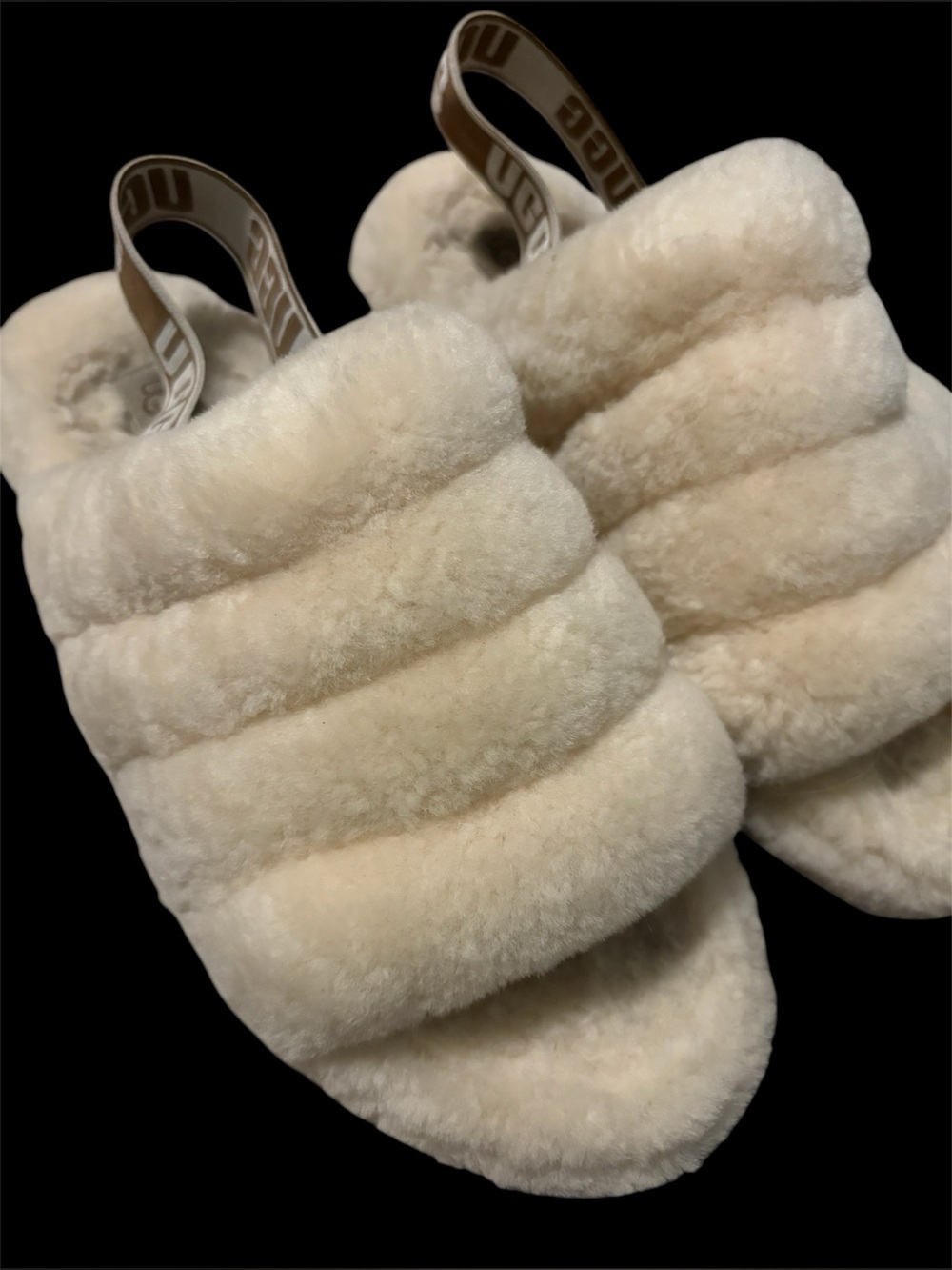 UGG Fluffy Shearling Slides with Branded Elastic Strap in Cream and Tan